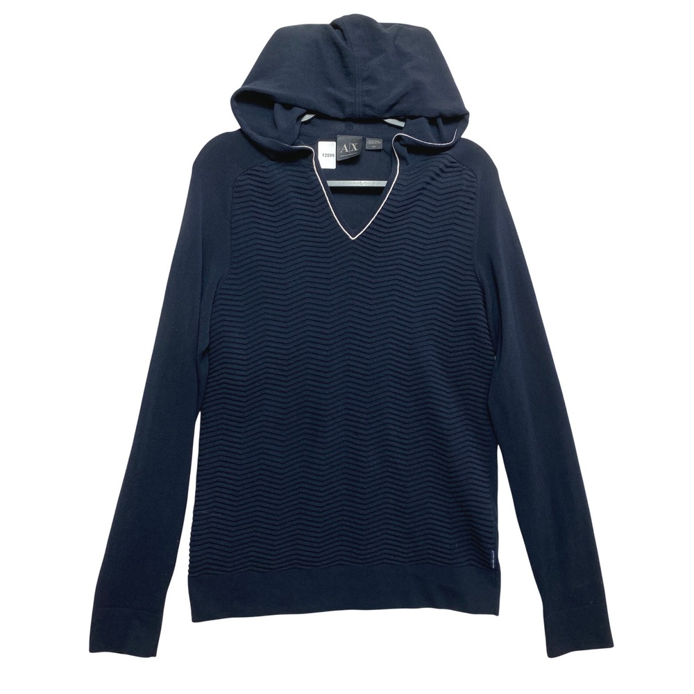 Armani Exchange Hooded Sweater Mens S Navy Blue Chevron Textured V-Neck Pullover